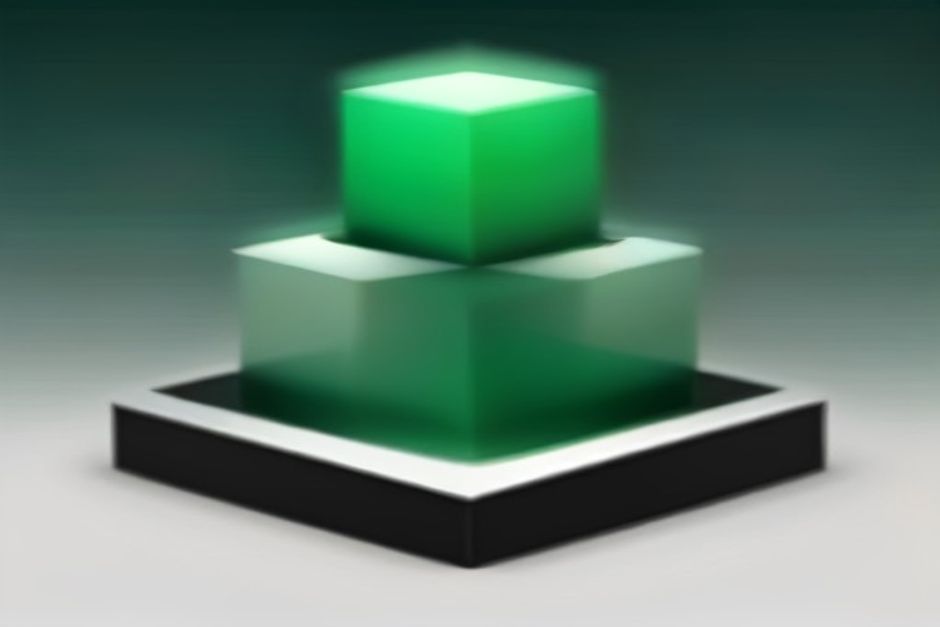 Three stacked serving trays of descending height on dark paper — one holding a finished framed image, one holding a sealed container box, one holding a bare glowing GPU die — thin green outlines, monospaced labels