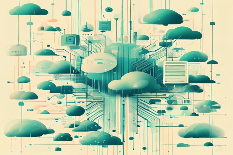 A dense cluster of open-model serving nodes consolidating around a few oversized inference-cloud hubs, token streams flowing through them at high volume, cool steel and mint accents