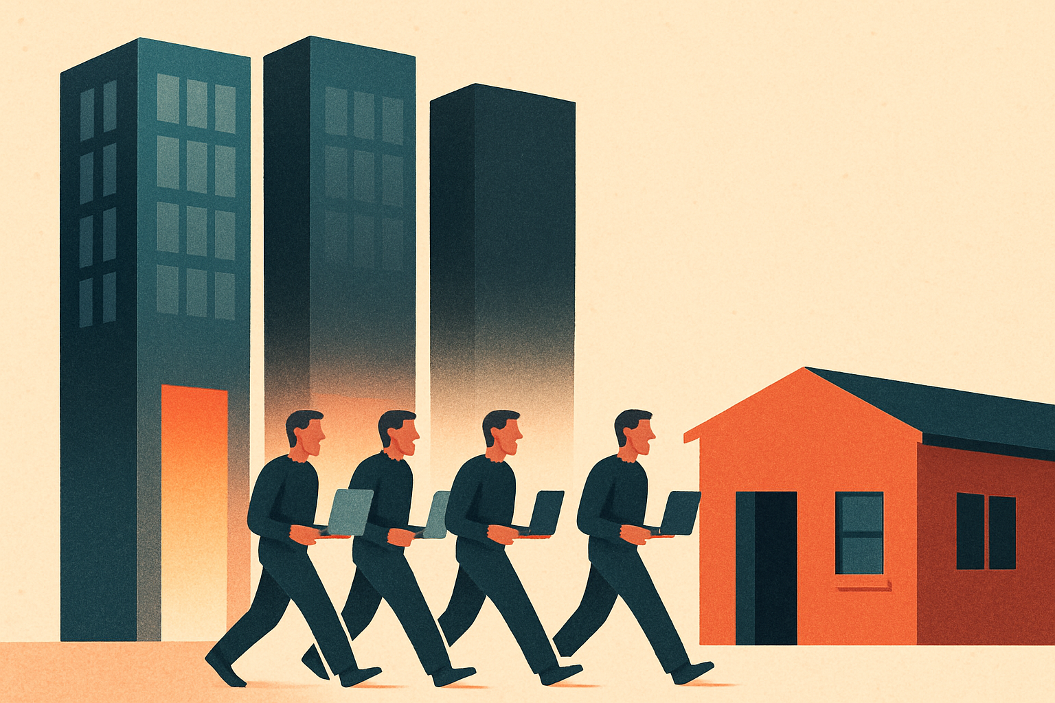 Four identical figures walking out of glass towers and into a single low customer building, carrying laptops, while the towers behind them go dim