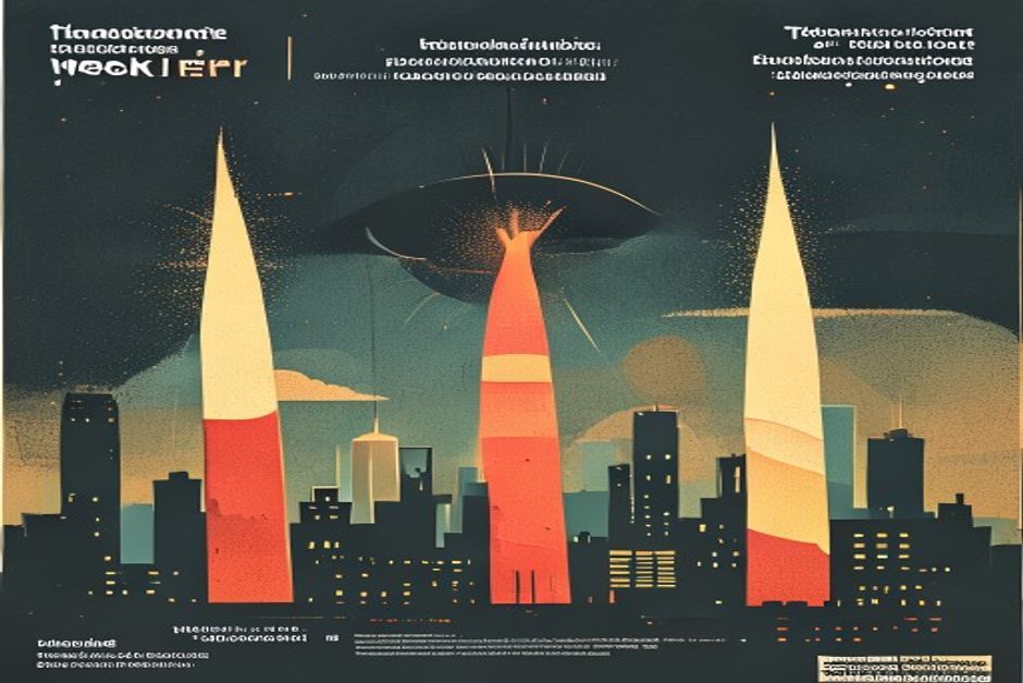 Three separate signal flares rising from a dark city skyline toward a single watching eye, one flare hard-edged and switching off, one becoming a steady beacon, one falling in price