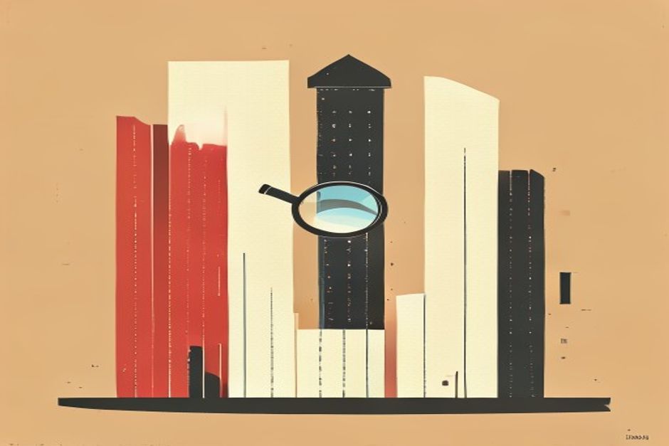 Three tall pillars occupying most of a bar chart with a thin sliver of small competitors beside them, a regulator's magnifying glass over the sliver