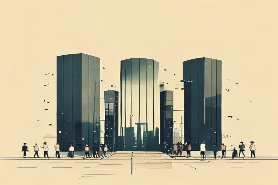 Three tall model monoliths lining up at a single narrow certification gate while smaller open-weight nodes wait outside the checkpoint, a regulatory choke point rendered as architecture