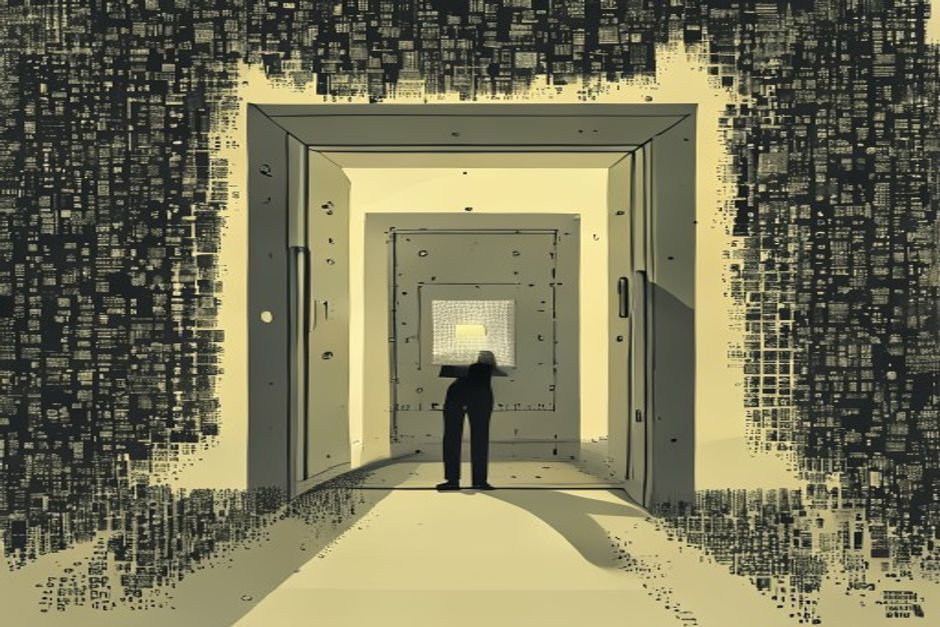 A locked steel door labeled with a shield, a single model chip glowing behind reinforced glass, and outside the frame a swarm of identical unlabeled chips fanning toward a lit codebase