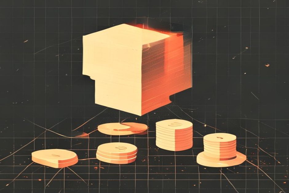 A falling price tag and a shrinking token stack on a dark grid