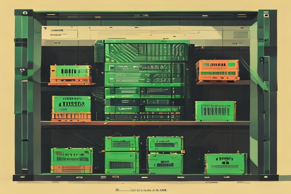 A stack of inference ASIC boards on a bank vault shelf stamped as collateral, a downward-sloping cost line etched behind them, Nvidia-green GPU crates pushed to the margin