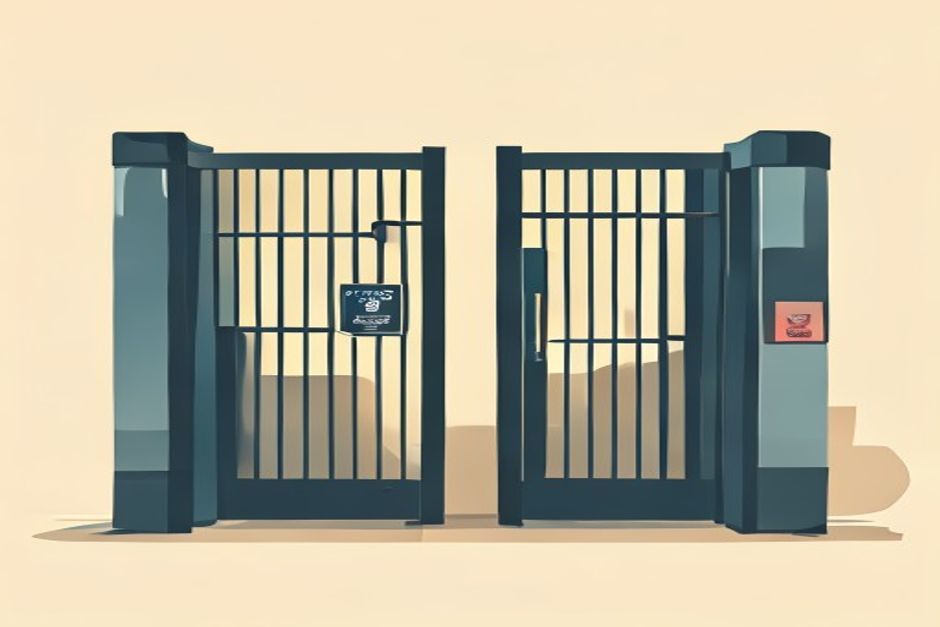 Two turnstile gates in a row across a package pipeline, one arm swung open and one arm held shut with a small human badge beside it