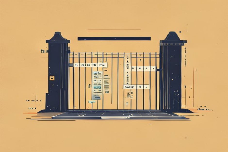 A single laptop rendered as a fortified gate, a stream of software packages queuing to pass through it, each one scanned and stamped allow or deny before it can enter
