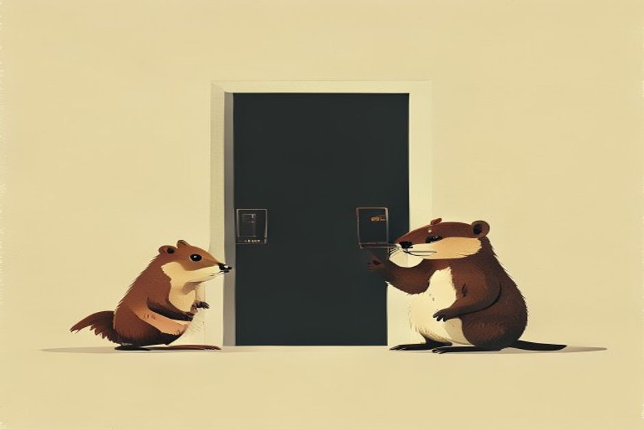 A gopher mascot standing between two lit doorways, two others dark