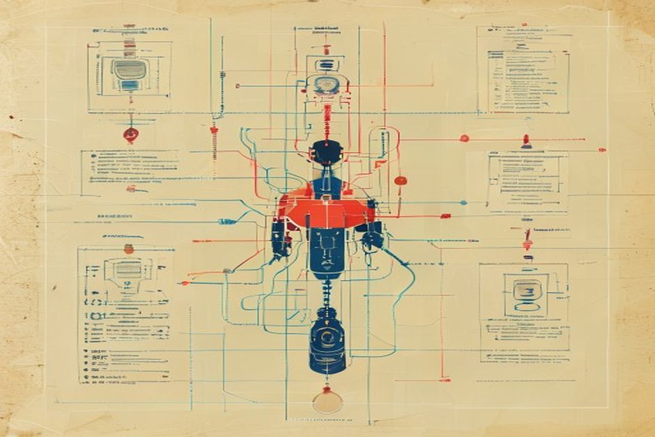 Five numbered panels forming an agent-building syllabus, a model at the center wired into a loop, a memory stack, a tool socket, and a branching pair of sub-agents — a schematic curriculum laid out on a blueprint grid