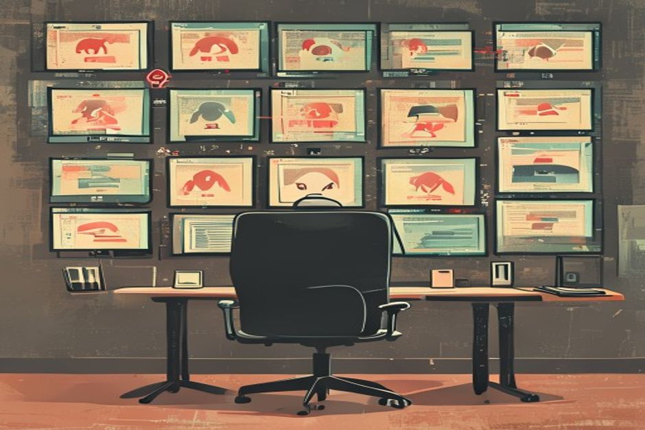 A single security analyst's empty chair in front of a wall of alert screens, each alert being closed by a small autonomous agent glyph, while on the opposite wall a second set of screens shows malware rewriting its own source code