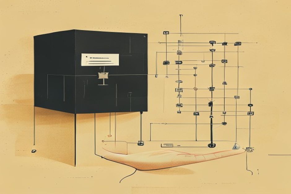 On one side a sealed black box with a single input and output arrow; on the other an open graph of labelled nodes with visible wires, checkpoints, and a hand poised over one node