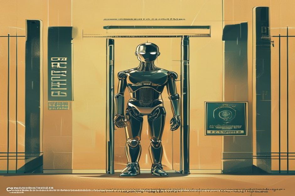 A sleek chrome AI model form paused behind a lowered government checkpoint barrier, official seal on the barrier, cold institutional lighting, the model glowing but held