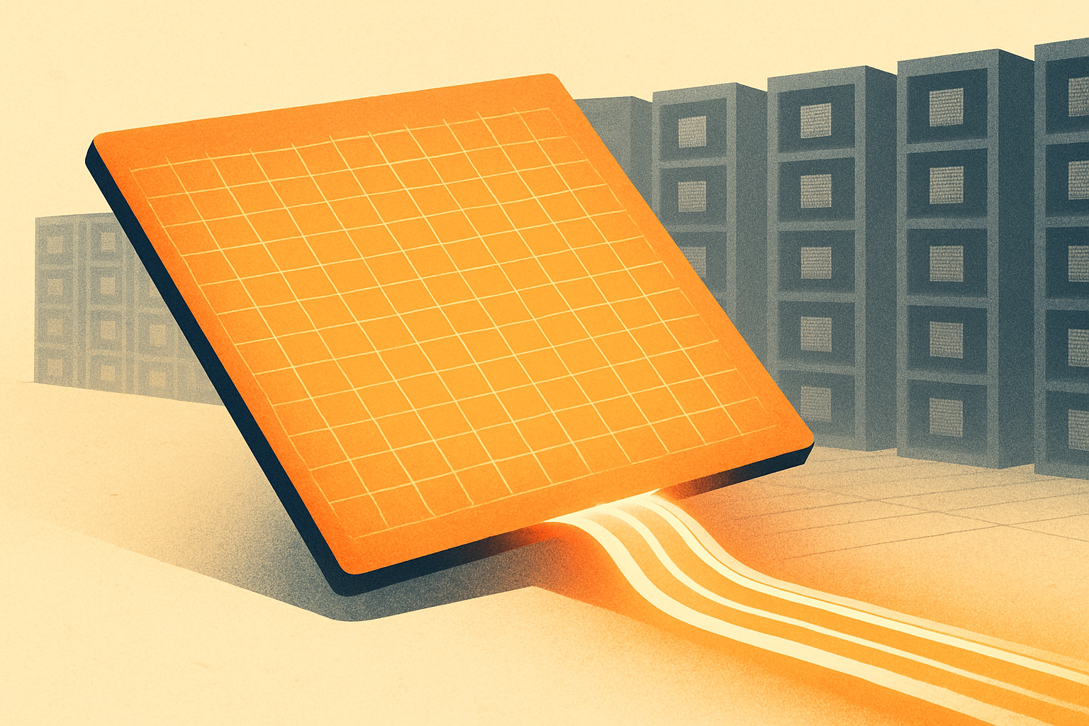 A single vast square silicon wafer glowing with parallel light-traces, tokens streaming off its edge as a continuous bright ribbon while distant racks of smaller chips blur behind it
