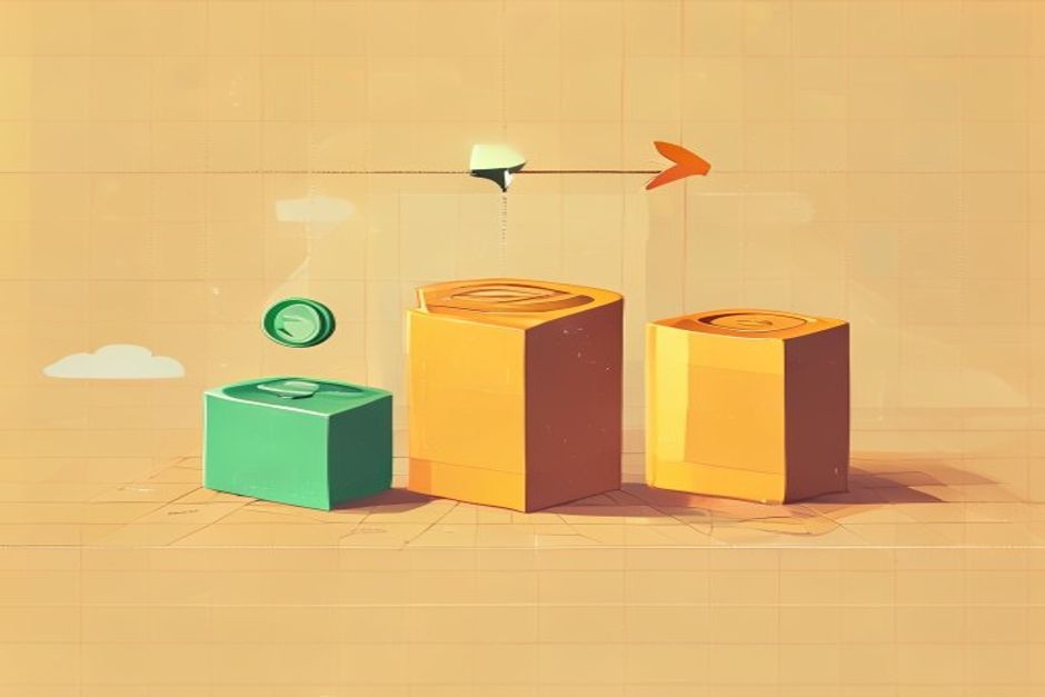 Three price tags of ascending size on a warm grid — a small coin, a stack, a gold bar — a routing arrow splitting work toward the smallest that fits, one path outlined in green