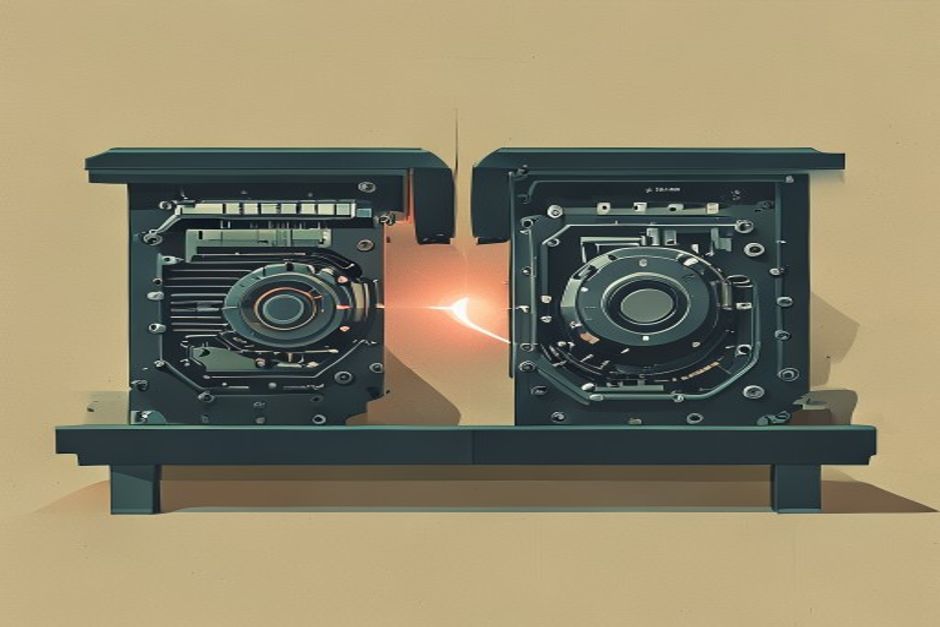Two sealed engine blocks facing each other on a dark bench, the left one welded shut and humming, the right one with its casing lifted off and the internals exposed, one cold light between them
