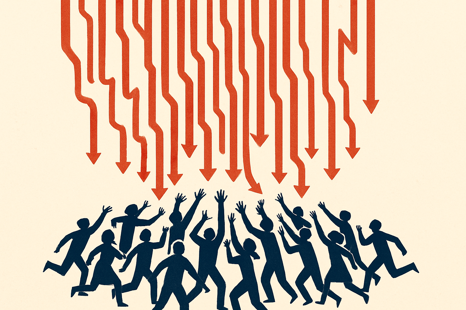 A dense waveform of falling price-lines cascading downward while a crowd of small figures rushes to catch them at the bottom