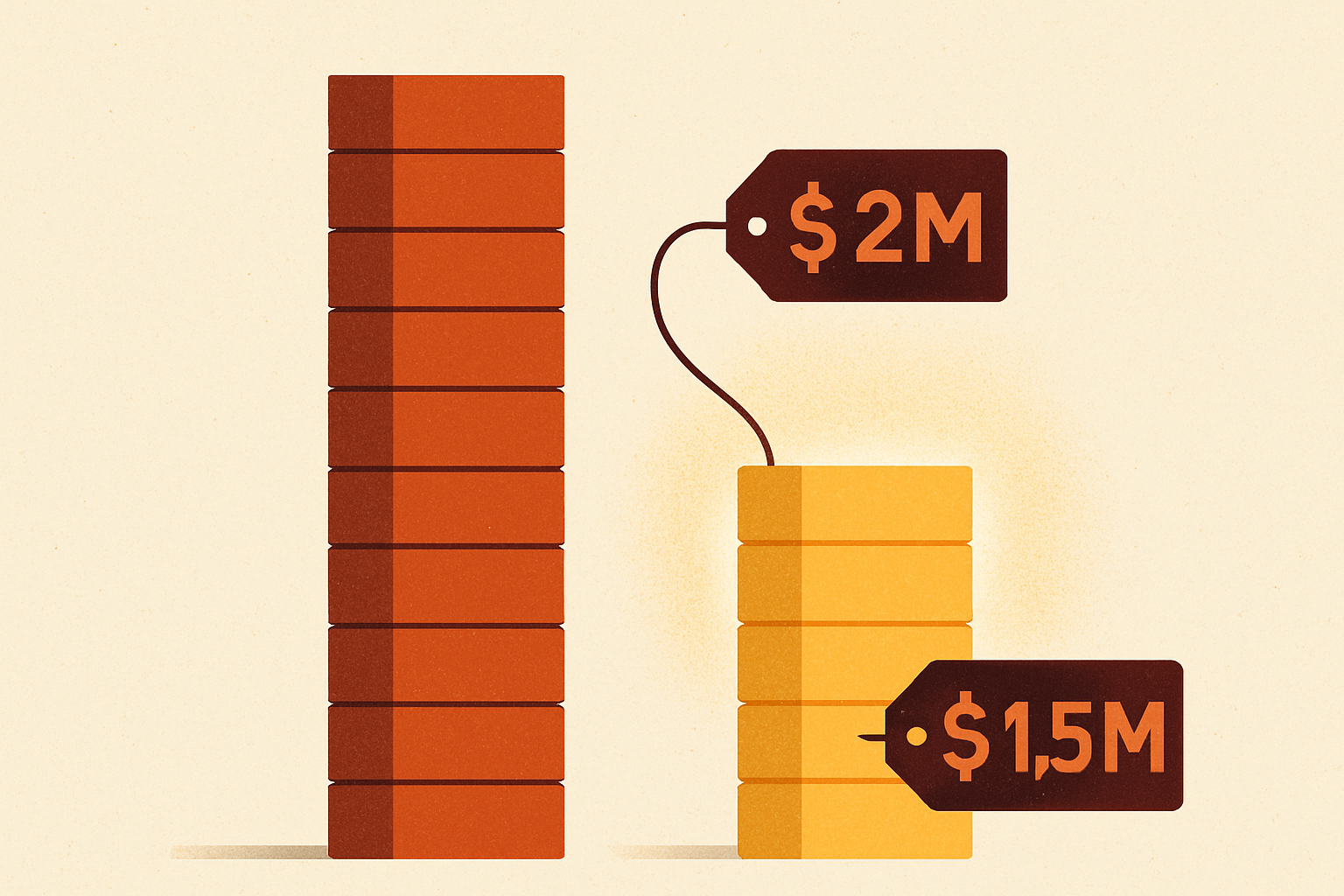 Two stacked towers of token-blocks side by side — one tall, one short a quarter its height and glowing — with the price tag over the short tower reading lower than the tall one, inverting the expectation that fewer means pricier