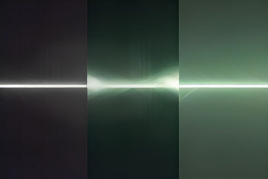 A single revenue stream splitting into two diverging measured columns of light, one taller than the other, cool steel and a single accounting-green accent, precise and grid-like