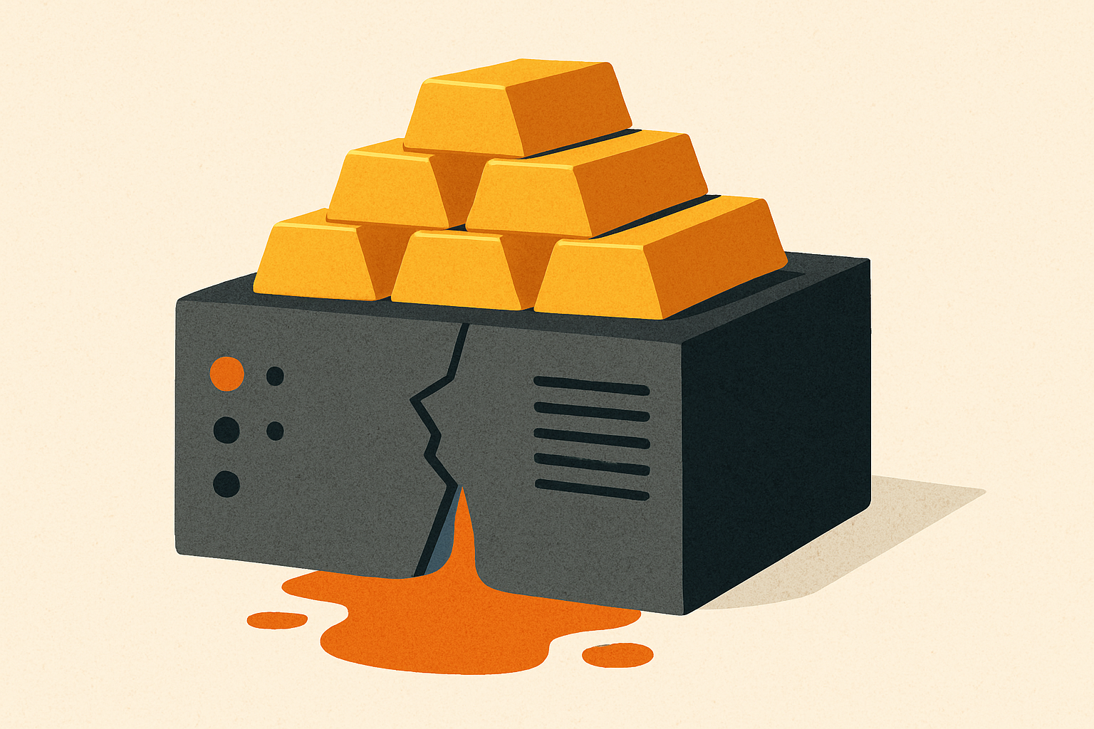 Gold bars stacked on a cracked, quietly leaking server rack