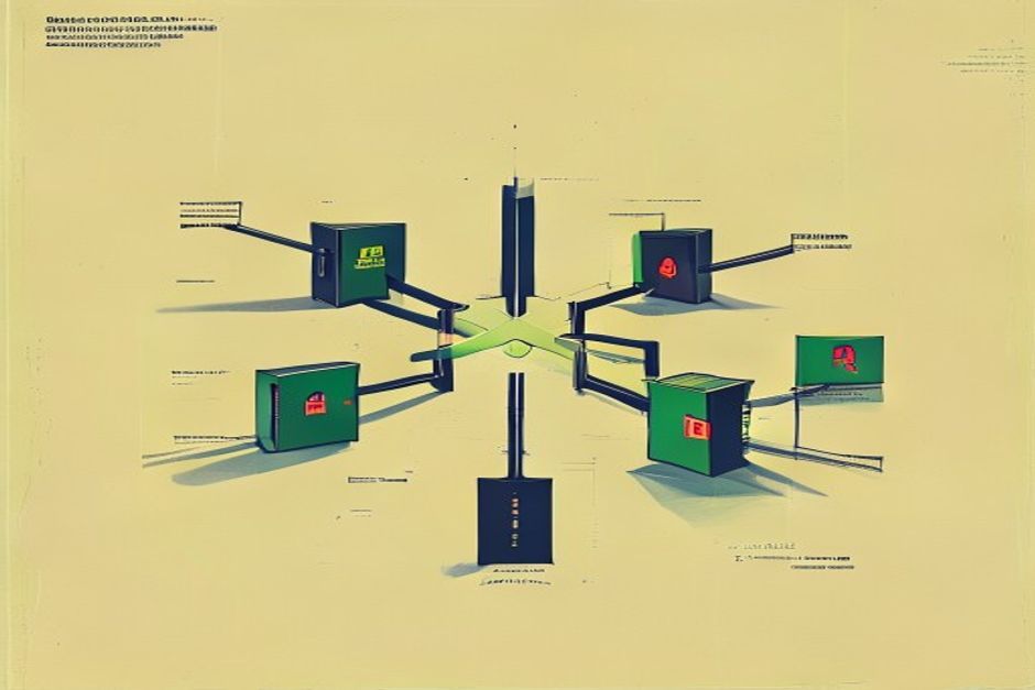 A single loop with six labelled exit doors branching off it — one open and lit green, the other five flagged with different warning marks, cool palette, monospace labels