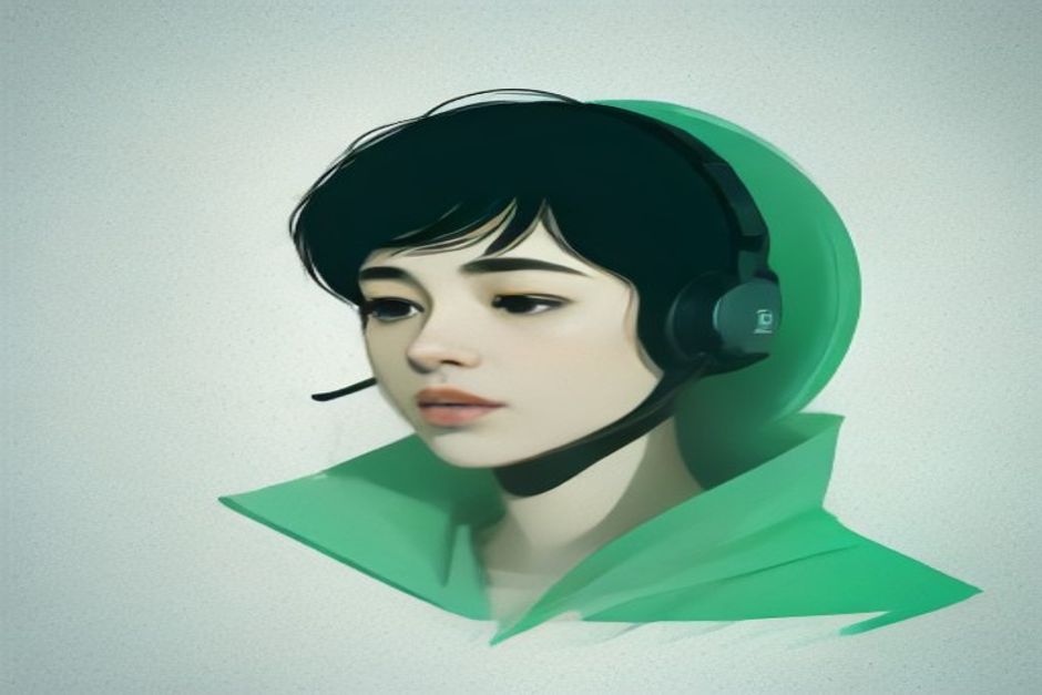 A call-center headset dissolving into a stream of freight containers on dark paper, a single mint-green line tracing the path from a chat bubble to a moving truck