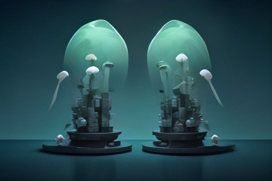 Two funnels side by side — the left one, labeled with a speech bubble, thin and fading; the right one, labeled with interlocking gears, wide and bright with capital pouring through it; cool slate with a single mint accent on the operational funnel