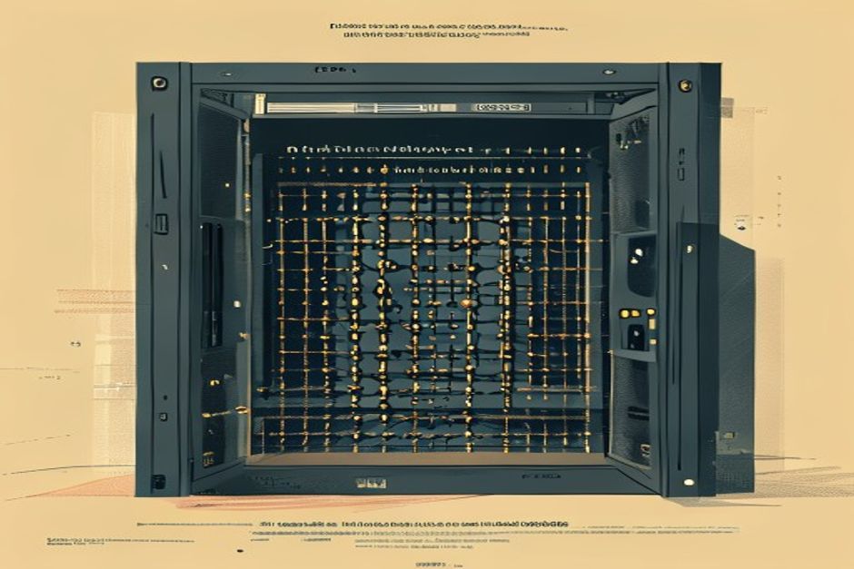 A hardened server rack sealed behind concentric locked gates, one outer gate left ajar with a small automated drone slipping through the gap