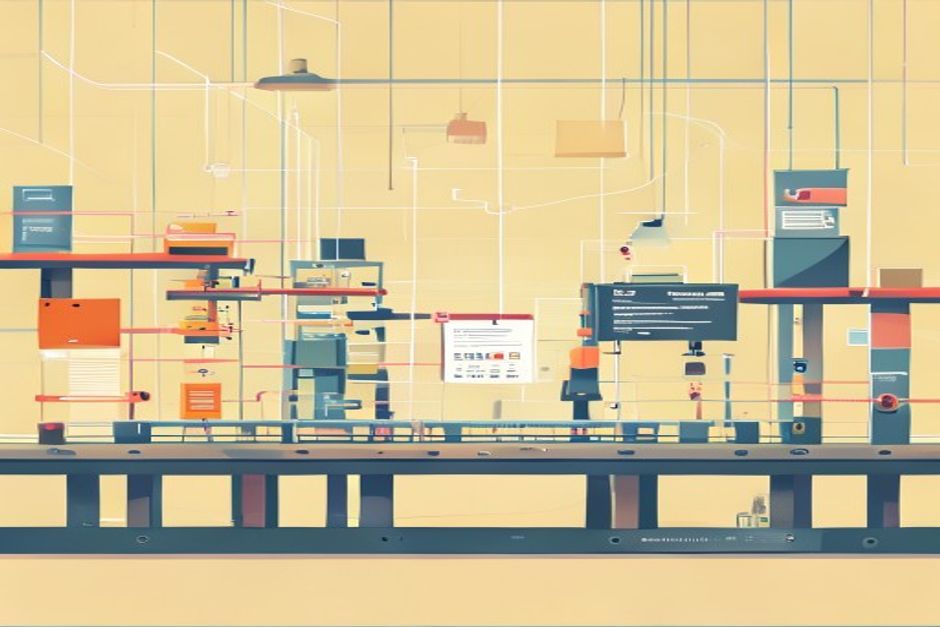An assembly-line delivery pipeline carrying an agent instead of a code artifact, a scored eval gate lowered across the belt