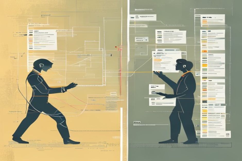 On the left one agent trace threaded through a database, a queue and a latency graph on a single production timeline; on the right the same agent run as a stack of prompt-version cards with cost and eval scores; one cold light dividing them