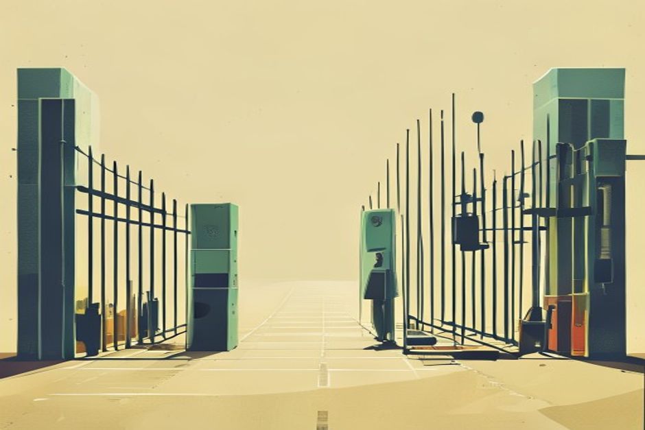 A small sentry shape standing at a gate between an autonomous agent and a row of tools, inspecting a single instruction card as it passes — one lane open, one lane barred, one lane routed upward to a distant human silhouette