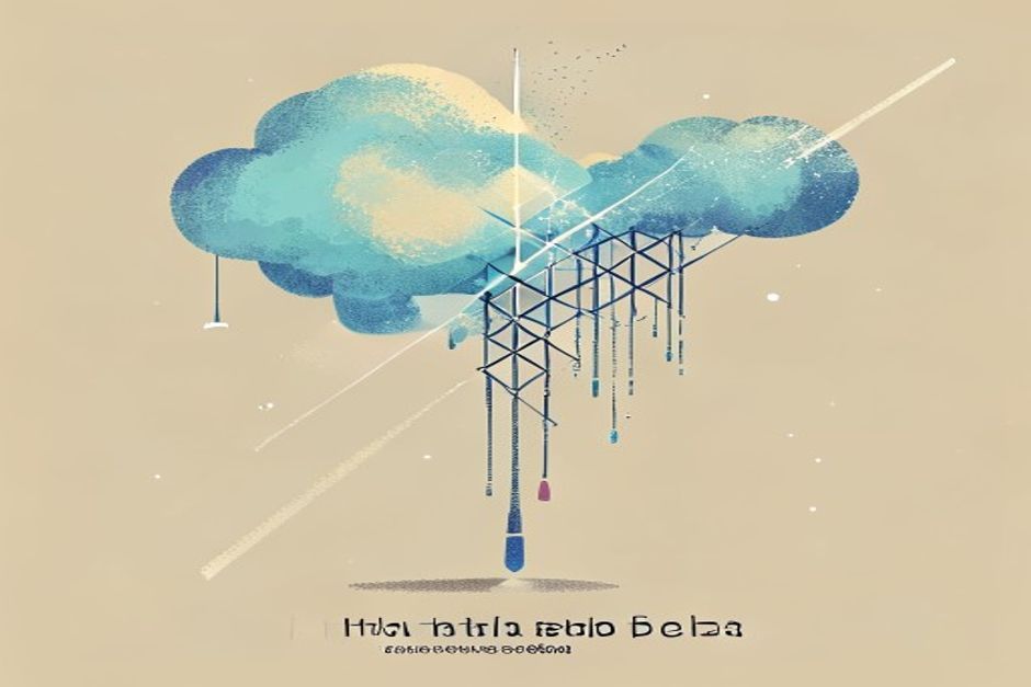 Two search beams — one a soft semantic cloud, one a sharp keyword lattice — crossing and fusing into a single ranked column of results, cool blues and slate