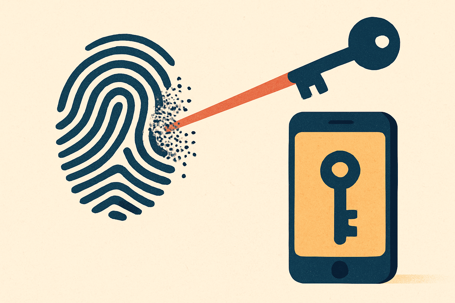 A fingerprint dissolving into a public and private key pair — the private half staying sealed inside a phone while only the public half travels outward as a thin beam of light