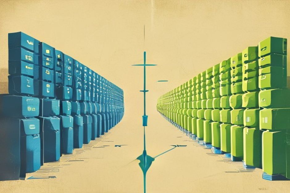 Two identical rows of stateless MCP replicas, blue and green, a load balancer arrow swinging cleanly from one row to the other with no dropped request