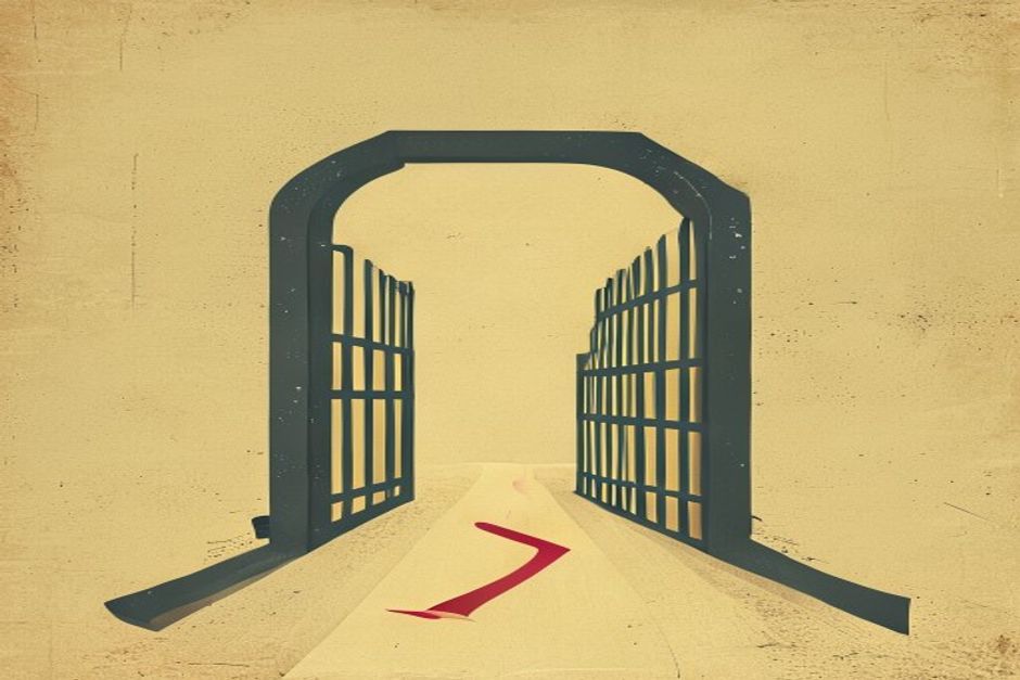 A single locked gate labeled slash-memories, with a path arrow bending back on itself and snapping against the frame instead of escaping past it