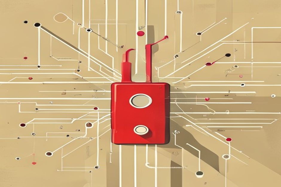 A single red hardware kill switch at the choke point of many converging agent action-lines