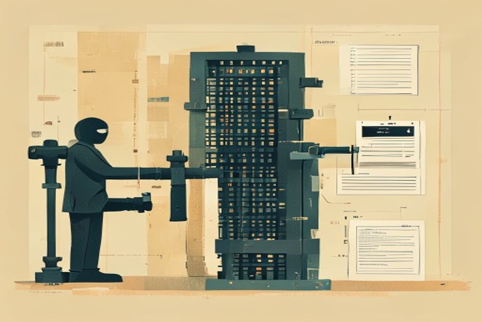 A gate valve on a pipe between a masked figure and a rack of servers, one proposed action deflected off the closed valve into a logbook