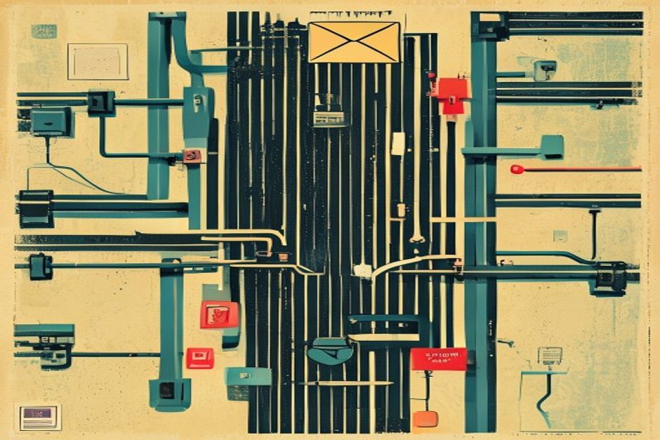 A routing junction where most tracks are switched by plain mechanical levers spending nothing, and exactly one track passes through a single glowing gate that reads an unlabeled envelope and stamps it with one of a fixed set of labels
