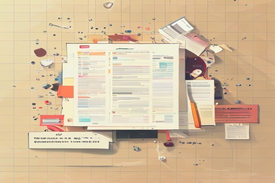 A messy PDF page resolving into clean structured blocks and a table, on a warm grid