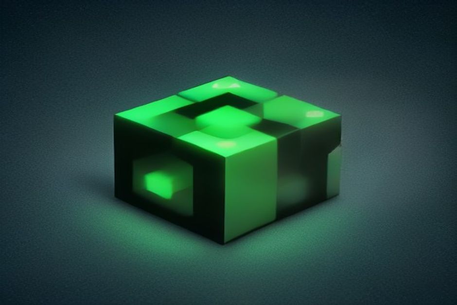 A small sealed protocol core with a custom extension tile clipping onto its edge, the tile stamped with a reverse-DNS label and its own version number, a negotiation handshake glowing green between two peers, cold graphite with one active green node
