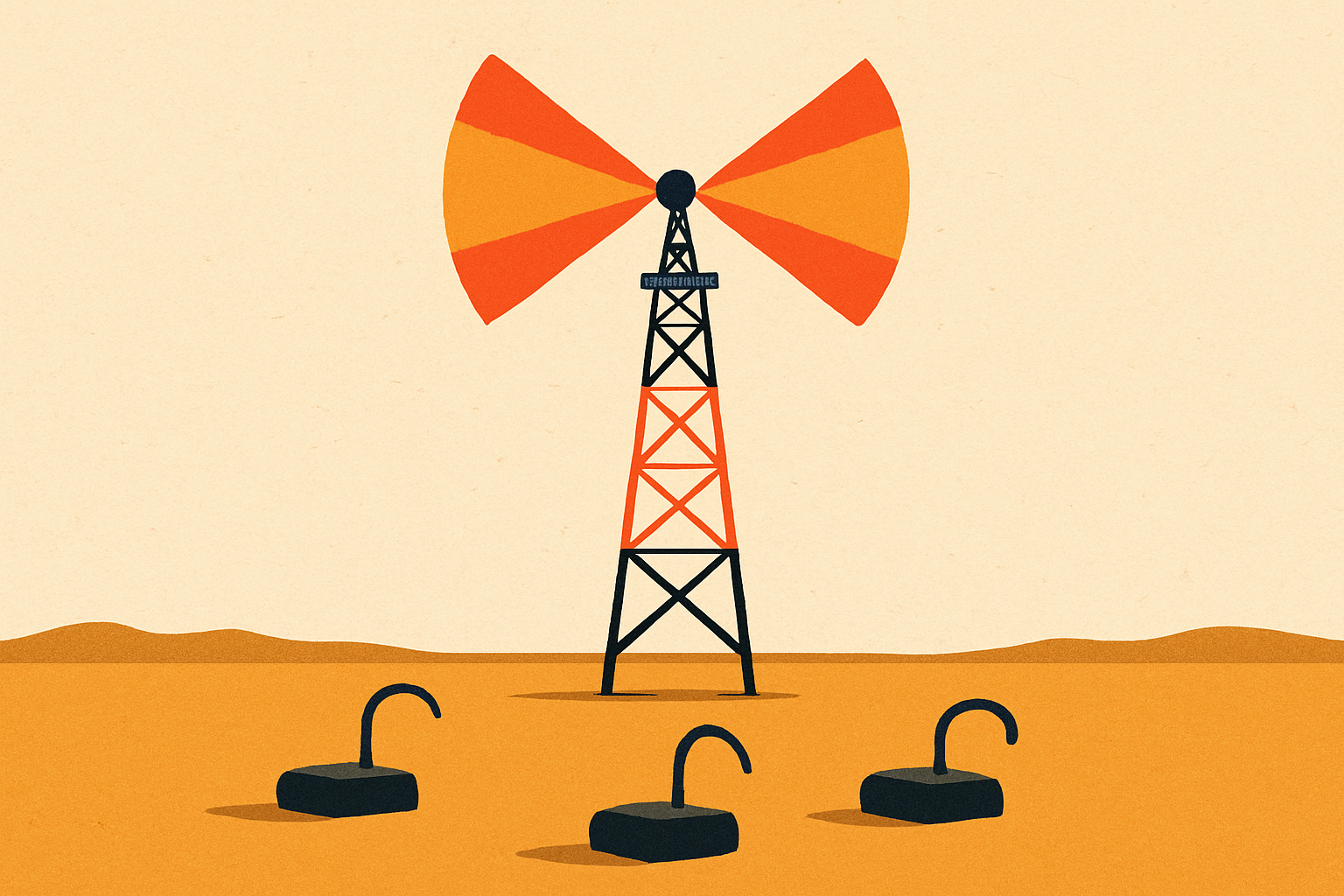 A broadcast tower still transmitting full-strength beams into an empty field where the receivers have all been unplugged and lie dark on the ground