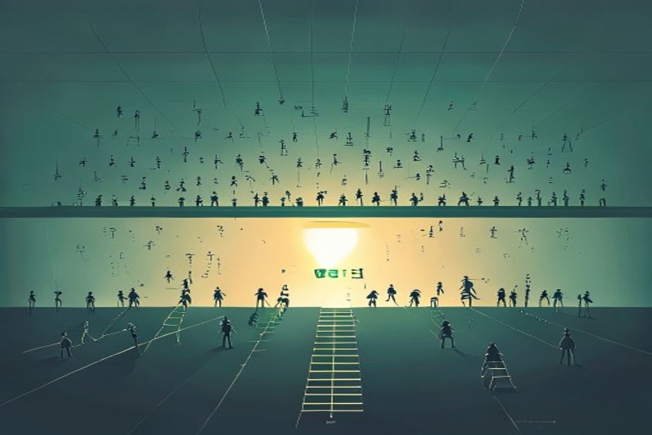 A swarm of small identical agent workers fanning out and pressing up against a hard glowing horizontal ceiling line marked 200, a separate short ladder beside them capped at five rungs, cool slate and dark palette with one green boundary line