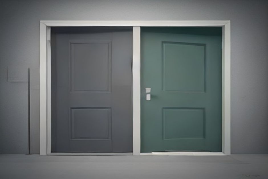 Two nearly identical model blocks behind one labeled door, a thin tripwire strung across the threshold catching the swap, cold slate with a single mint alarm light