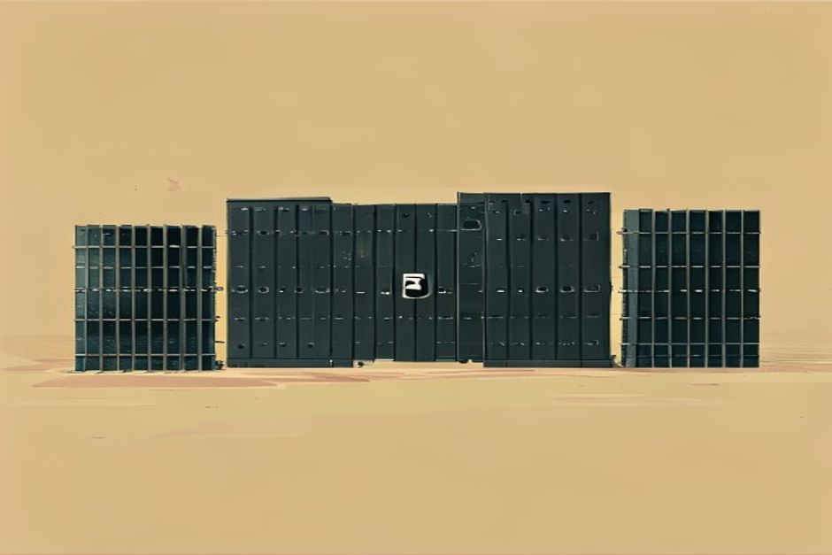 A firewall wall of host gates, three gates open and lit for named allowlisted hosts, all the other gates sealed and dark, one blocked packet bouncing off a closed gate