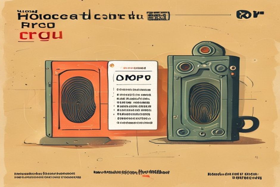 A tool card being photographed and stamped at a checkpoint, its fingerprint stored in a vault, a second copy compared side by side with one line highlighted red