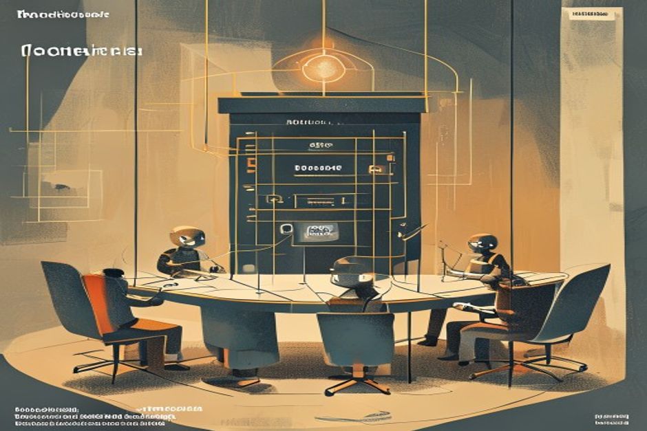 A crew of small agent figures around a table, each connected by a thread to one shared external memory vault outside the room, the vault labeled with a user token that persists after the room empties