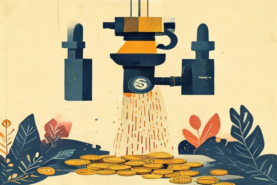 A spending meter as a narrowing valve on a bright stream of dollar coins flowing into an agent, the valve clamping shut the instant a ceiling line is crossed