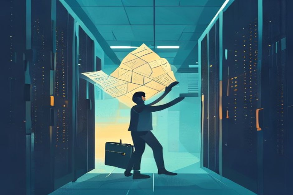 A person lifting a glowing structured JSON document out of a dark server rack into a portable suitcase, warm light against cold blue infrastructure
