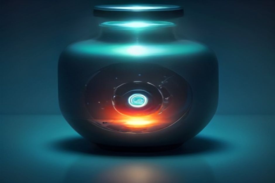 A single glowing agent capsule at the network edge with its memory sealed inside it — a small database core nested within the same object that runs the logic, cool steel and mint accents, other identical capsules dark and hibernating in the background