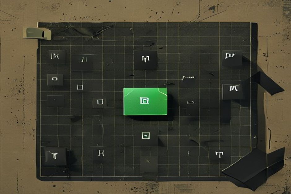 A dark ledger grid of small numbered agent cards on dark paper, one card lit with a thin green tag reading owner and a small power-off glyph, monospaced