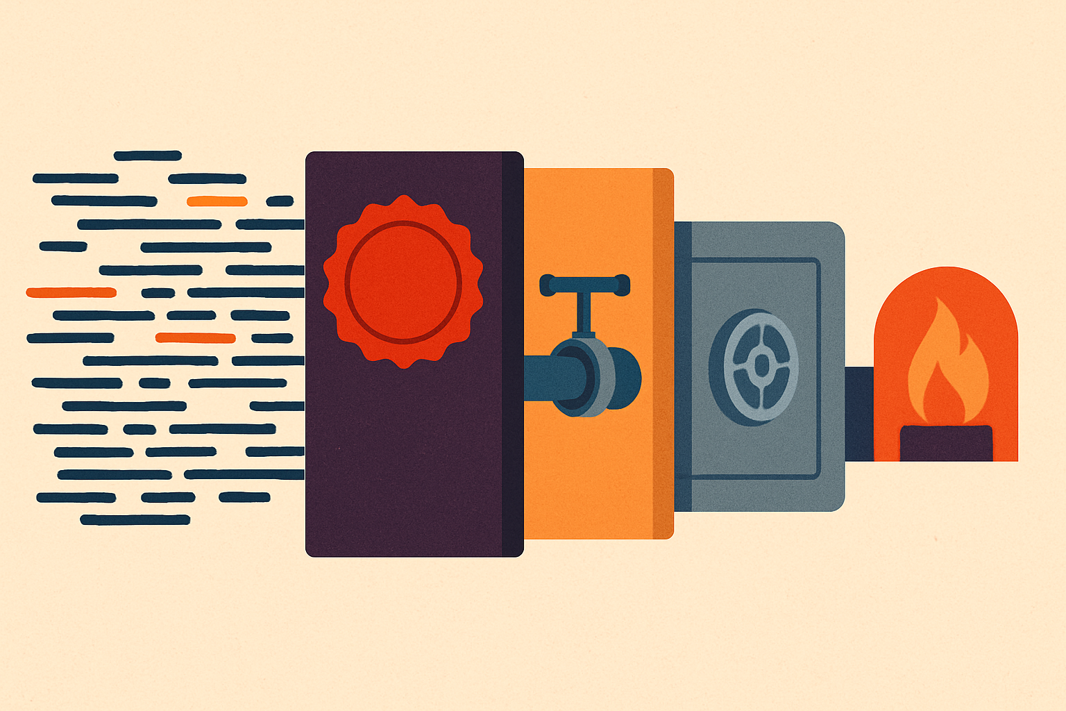 A stream of source code hitting a layered wall — a contract seal, a single gateway valve, and a sealed on-premise vault — before it can reach a distant model furnace